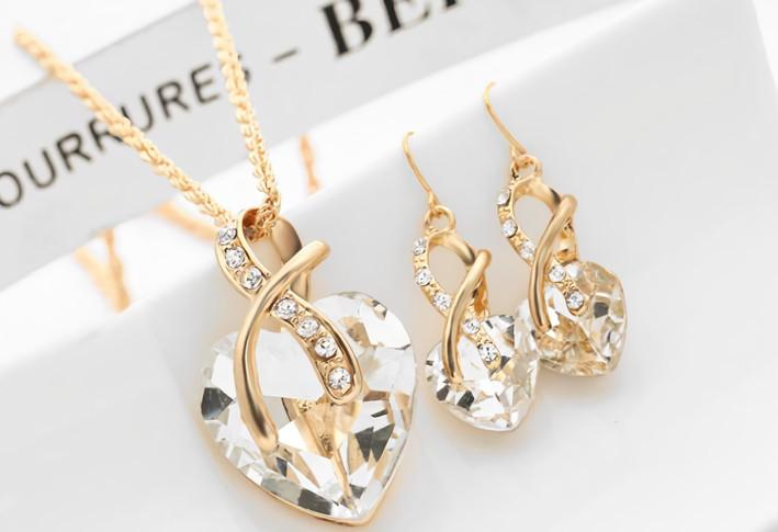 Huadeer Vintage Female Rainbow Crystal Jewelry Set Charm Gold Color Dangle Earrings For Women Simple Love Heart Wedding Chain Necklace