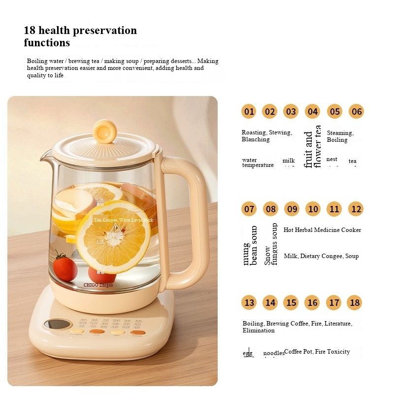 1.8L Full Automatic Glass Health Pot, Intelligent Heat Preservation Electric Kettle, Multi-function Cooking Pot for Boiling Water, Flower Tea, Herbal Medicine and Health Soup for Family Kitchen