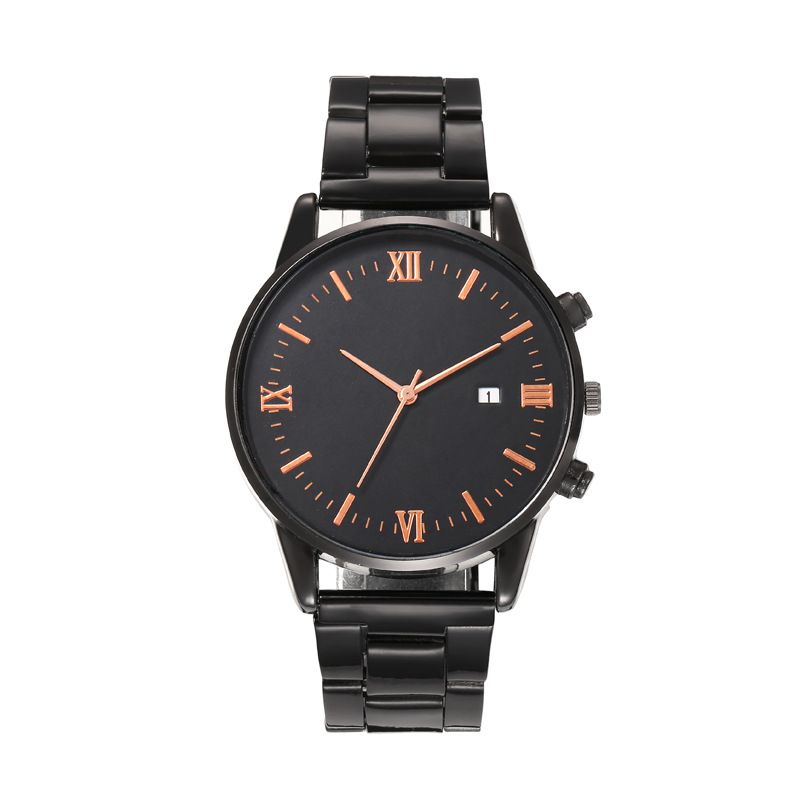 New men's fashionable and versatile casual watch with calendar, iron strap, quartz watch, business watchrose gold