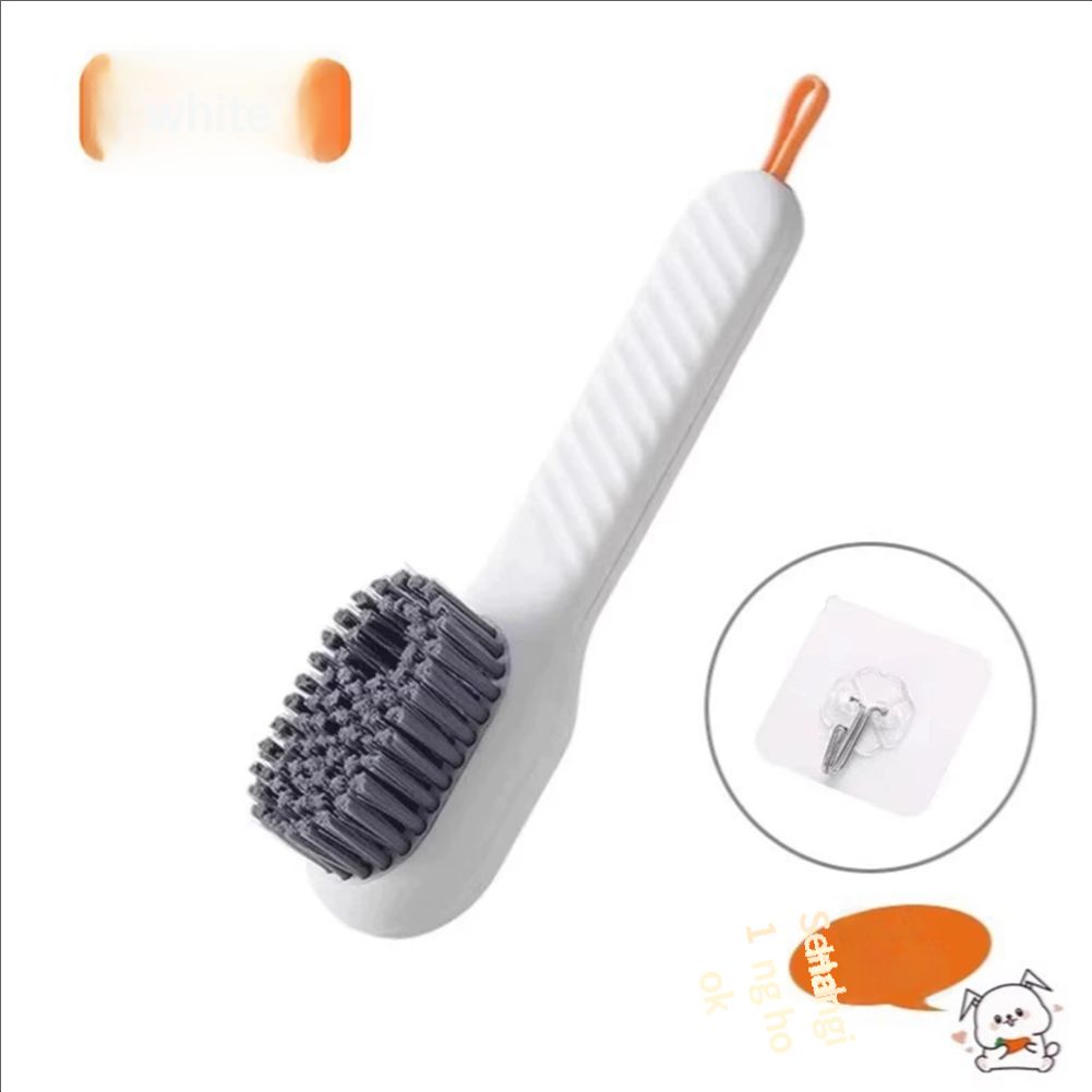 Adding liquid to shoes, brushing shoes, and using a household pressure type brush to dispense liquid without damaging the shoes. Adding liquid to shoes and using a shoe brush
