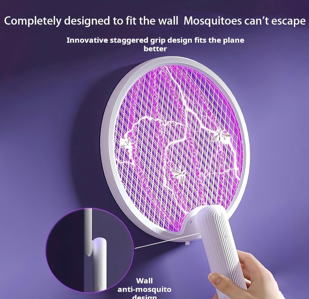 Electric Fly Swatter Mosquito killer Lamp 2 in 1, Foldable, Standing, Wall Mounted, 3000 V with USB, Rechargeable, Suitable for Home, Garden, Camping, Indoor and Outdoor Use