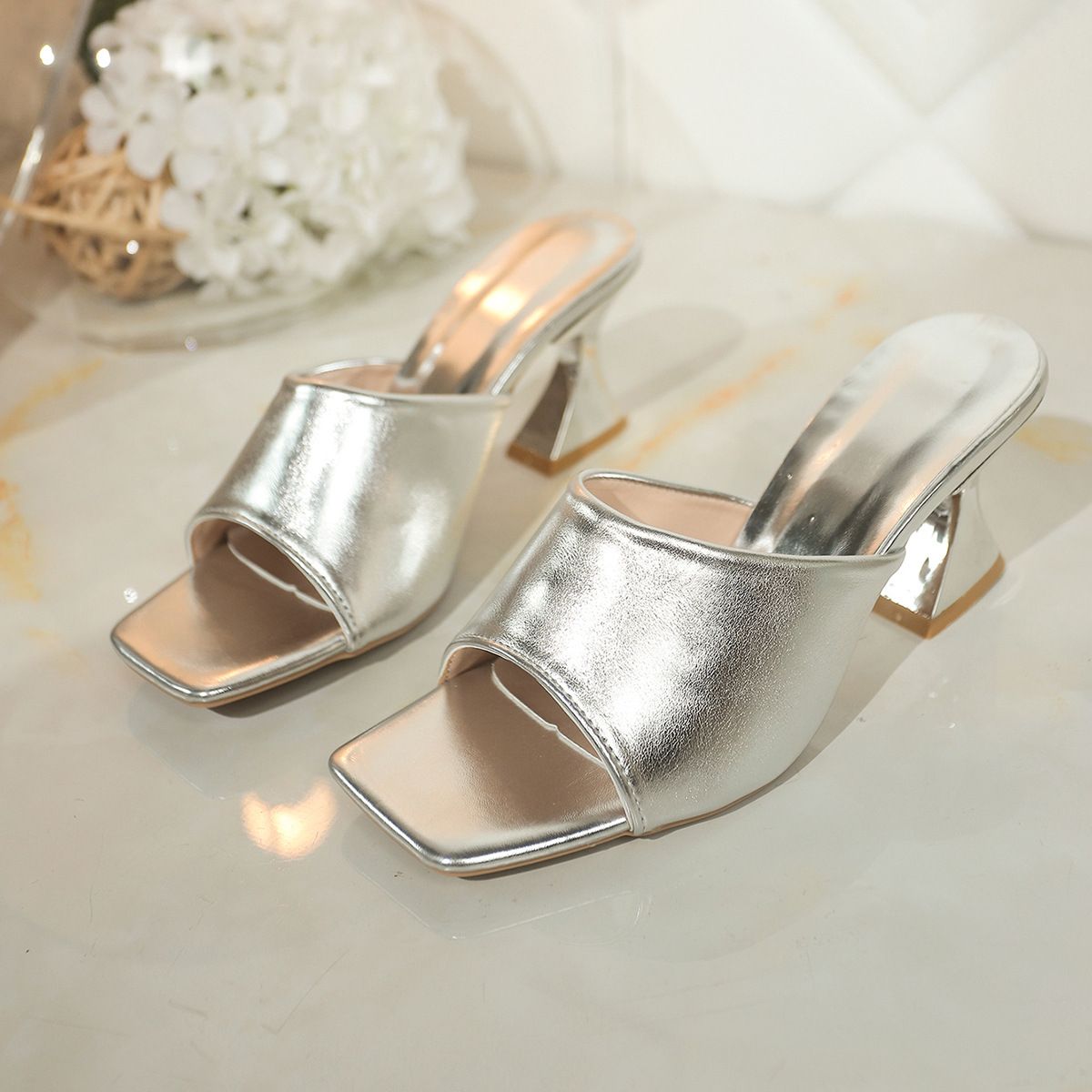 2025 Summer New Style Square Toe Irregular Heel Sandals Women's Plus Size Elegant Cross-Border High Heels