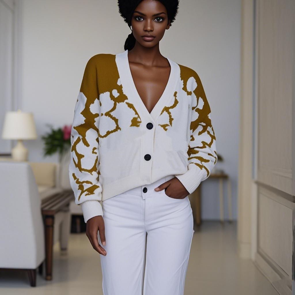 Wool Printed Button Knitted Women's Cardigan Sweater