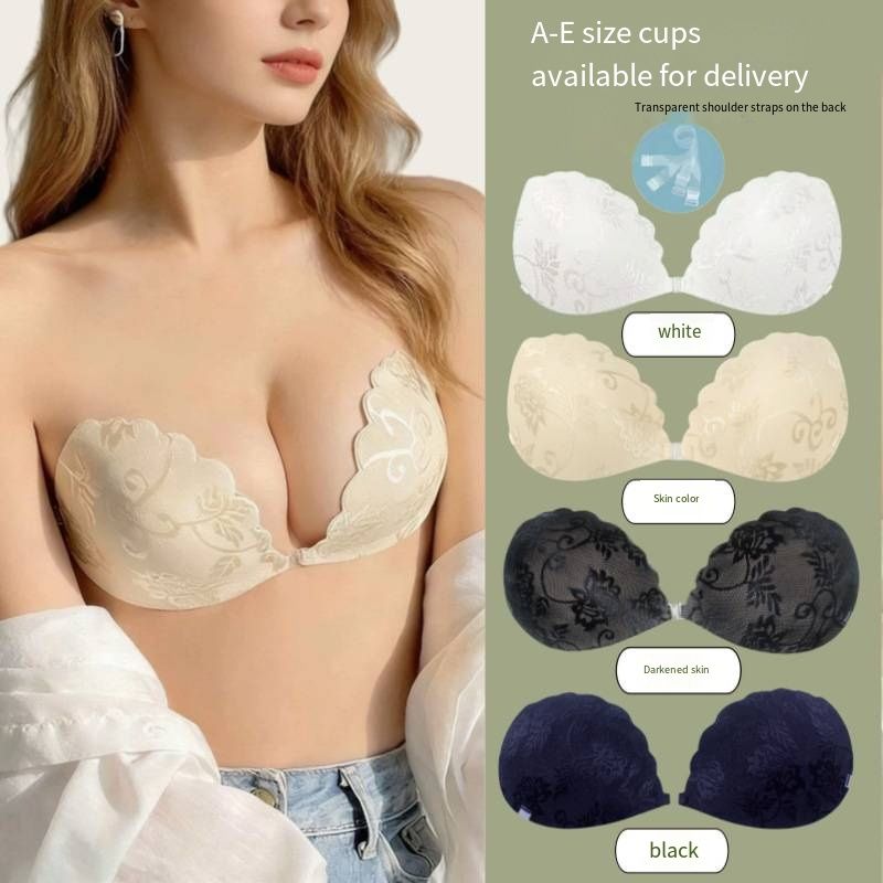 Women's Strapless Lace Push-Up Bra, Multi-Color Adhesive Invisible Bra, A-E Cup Non-Slip Backless Bra with Clear Straps, 1-Pack Comfortable Summer Bralette for Dresses & Low-Cut Outfits
