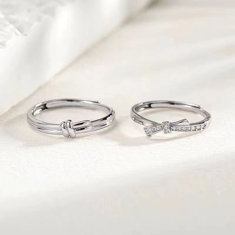 J138 Men and Women Sterling Silver Crystal Paved Bow Couple Rings Wedding Jewelry