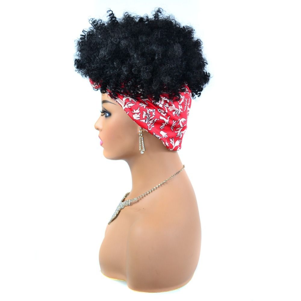 TopKiss Black Curly Wig with Headscarf, High Temperature Fiber Headband Hairnet Wig for Women Local