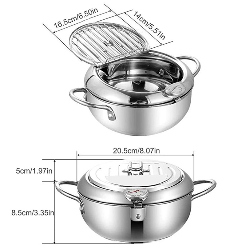 Ultron Japanese Deep Fryer With Thermometer and Lid 304 Stainless Steel Kitchen Tempura Fryer Pan Fryer Without Oil Frying Pan Fryer