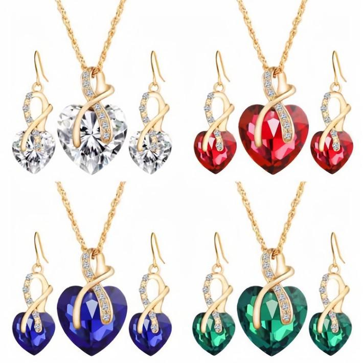 Huadeer Vintage Female Rainbow Crystal Jewelry Set Charm Gold Color Dangle Earrings For Women Simple Love Heart Wedding Chain Necklace