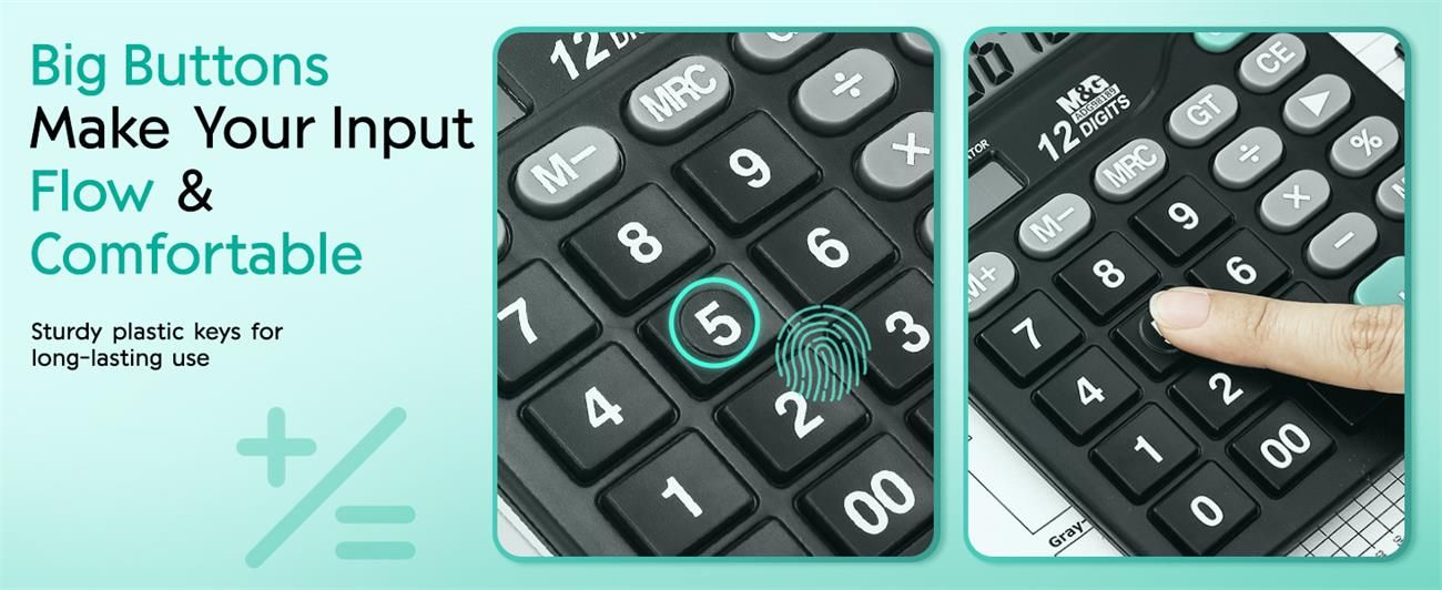 Desk Calculator 12 Digit Office Calculators with Large LCD Display, Dual Solar Power and Battery, Recessed Big Button Calculator for Office Home School (Black)