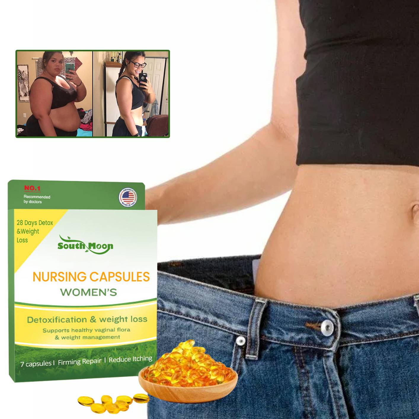 South Moon Detox Slimming Capsules Firming Abdomen Fat Burning Itching Stopper Cleansing Body Toxins Anti Cellulite Body Shaping Capsule