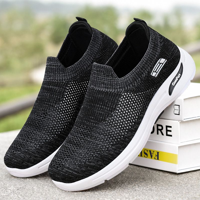 Men's Summer Breathable Slip-on Sneakers, Hollow Mesh Casual Shoes, Lightweight Knit Comfortable Walking Shoes, Black/Gray/Blue, EU 39-44