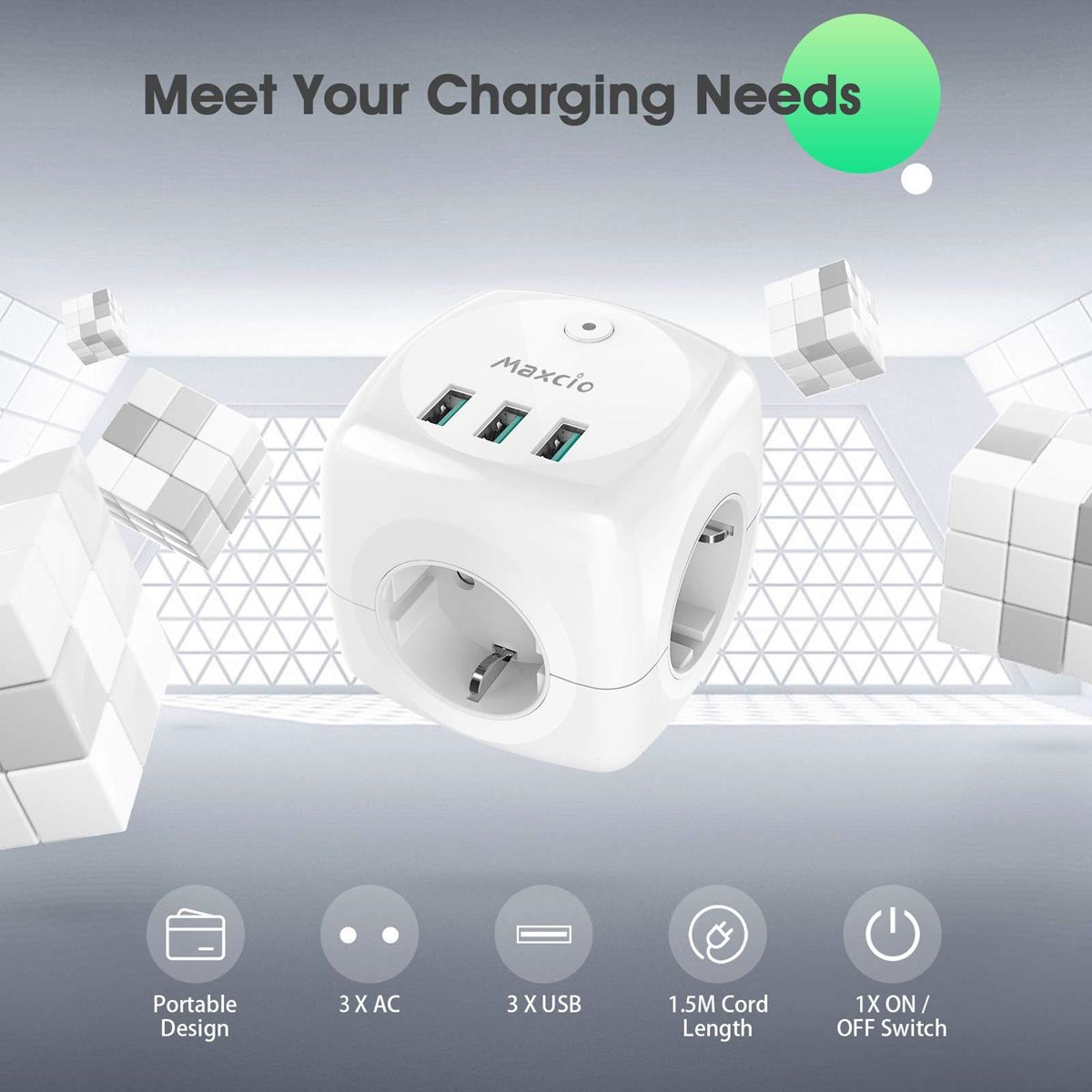 EU Plug Power Strip with 4 AC Outlets 3 USB Port 1 Type C 2M/3M Braided Cable Multi Socket with Switch for Home