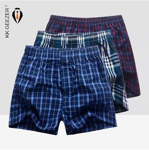3pcs Pure Cotton Weave Loose Briefs Underwear Plaid And Stripe Breathable Boxers Shorts for men 1188 ( Note: Random Color Selection)
