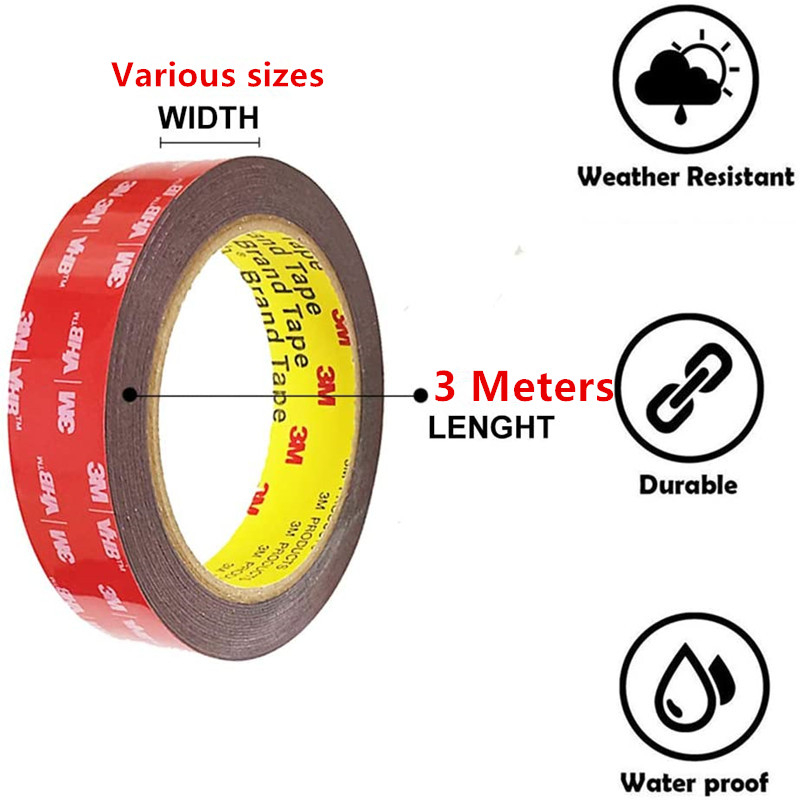 3M 3 Meter VHB Acrylic adhesive Double-sided FoamTape Strong Adhese Pad IP68 Waterproof Reuse Home Car Office Decor 6mm 8mm 10mm 12mm 15mm 20mm