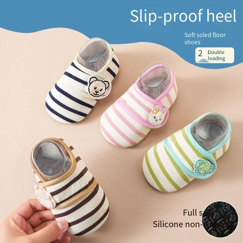 Striped Baby Pre Walker Floor Shoes, Full Silicone Anti Slip Sole Non Slip Heel Cotton Sock Shoes, Adjustable Strap Lightweight Soft Sole Infant Footwear, Indoor Crawling Walking Slipper Socks for Toddler Boys Girls
