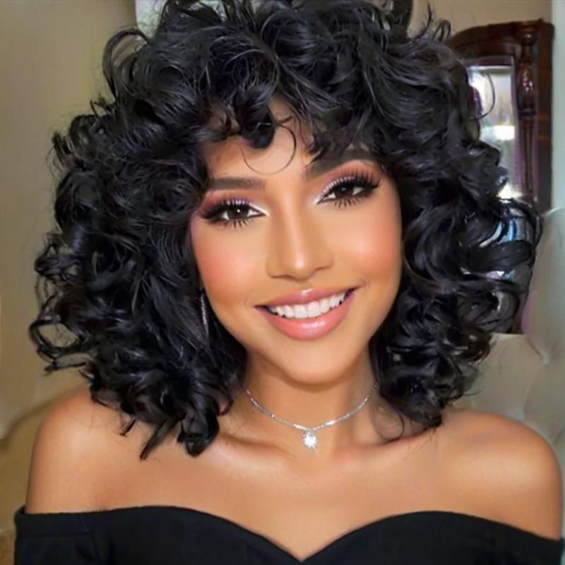 Black Wigs Female wig with slanted bangs, short curly hair, fashionable big wave, black curly hair CRRSHOP wigs free shipping