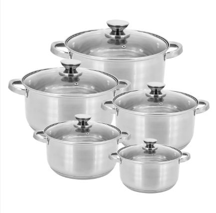 High-Quality 10Pcs 5set Stainless Steel Silver Cooking Pots and Pans Nonstick Capsulted Cookware Sets