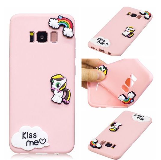 Cute Cool Kawaii Cartoon Gel Cases Soft 3D Silicone Case for Samsung Galaxy S8 Plus Candy Colors Durable TPU Bumper Back Cover Pink Back Rainbow Pony Design Ultra Slim Fit Protective Shell
