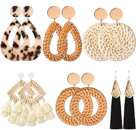 Rattan Earrings Lightweight Geometric Tassel Woven Bohemian Earrings Handmade Straw Wicker Braid Hoop Drop Dangle Earrings For Women Girls