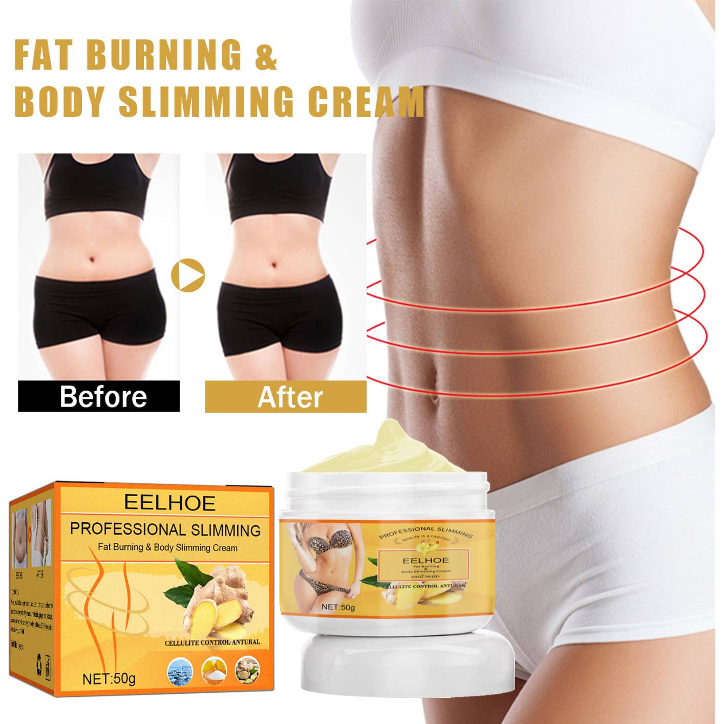 Ginger Slimming Cream, 50G Anti Cellulite Cream Massage Ginger, Firming Cream for Unisex Sculpting Belly Slimming Fat Burning Body Weight Loss Cream