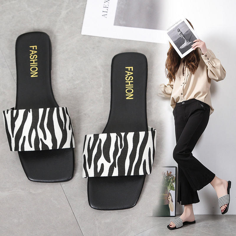 Women's Simple Synthetic Printed Leather Strap Flat Slide Sandal