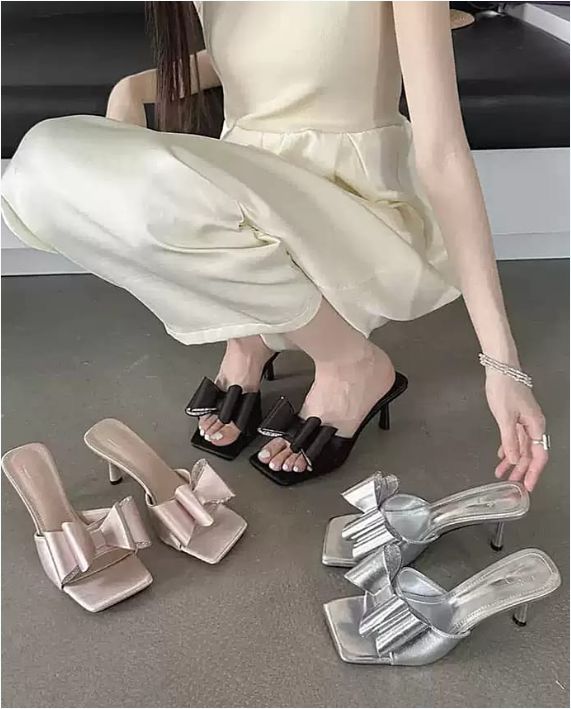  Bowknot Anti-Slip Sexy Pointed Toe Thin Heels Slides Fashion Bow Sandals for Women and Ladies