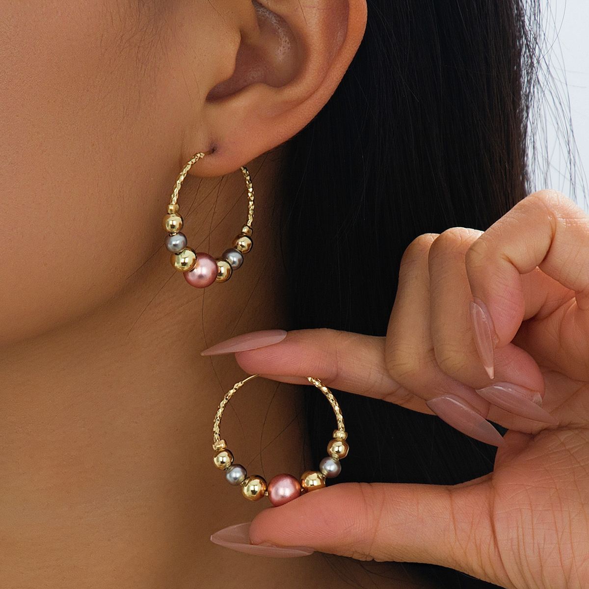 Minimalist Mixed Bead Hoop Earrings, 3cm Gold Plated with Pink & Silver Accents, Versatile Daily Wear Jewelry for Women, Lightweight & Hypoallergenic
