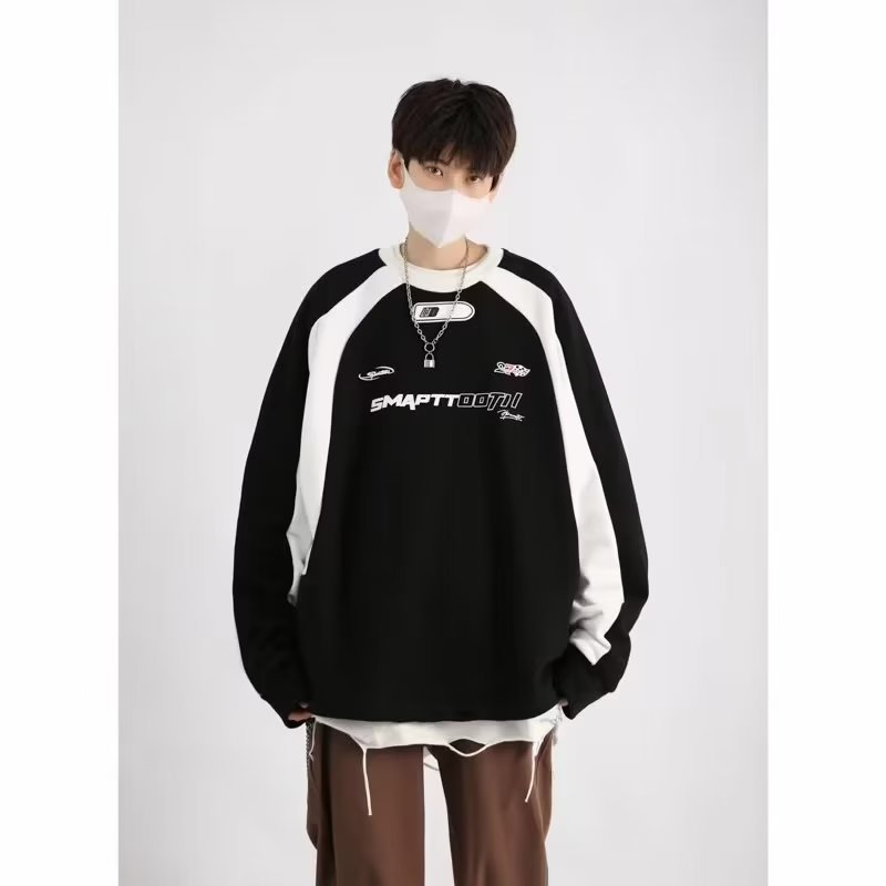 Y084 Men Black/White Patchwork Loose Sweatshirt