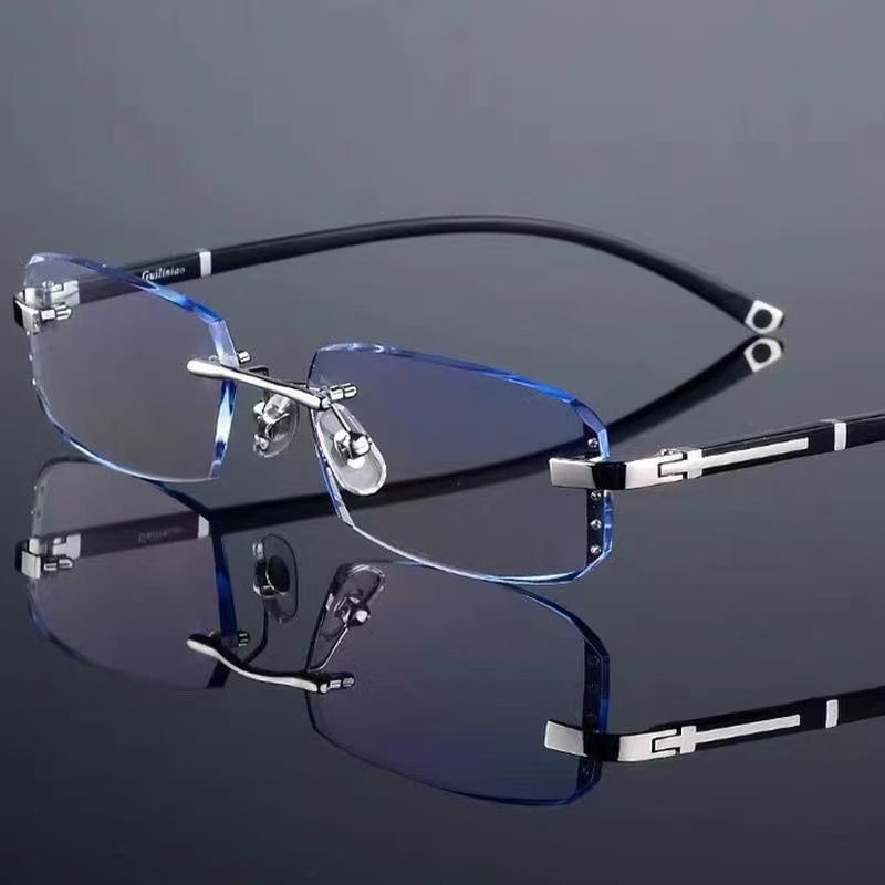 Simple Rimless Anti‑Blue‑Light Reading Glasses for Seniors, Anti‑Glare Anti‑Fatigue Presbyopic Eyeglasses, Lightweight Rim‑Free Elderly Glasses for Daily Reading, Phone Using and Indoor Use
