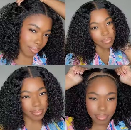 13x4 Lace Front Curly Bob Human Hair Wigs Black Color For Black Women Right Side Part natural hairline
