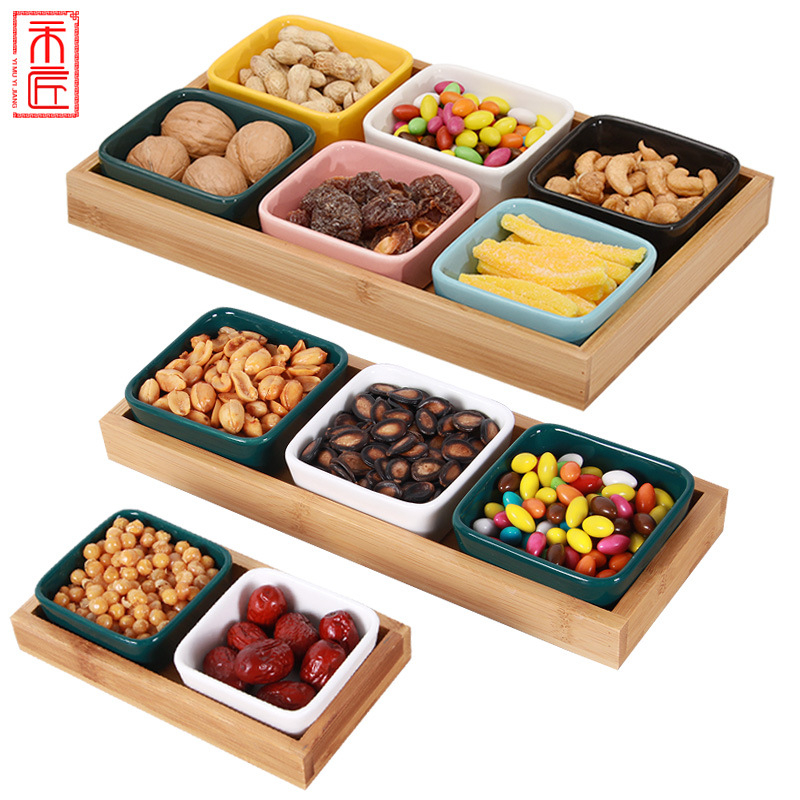 1636 Ceramic Divided Serving Dishes, Porcelain Appetizer Platter Relish Tray, 6 Removable Dipping Snack Bowls Container with Bamboo Tray for Vegetables, Taco Chip, Snacks, Nut, Candy