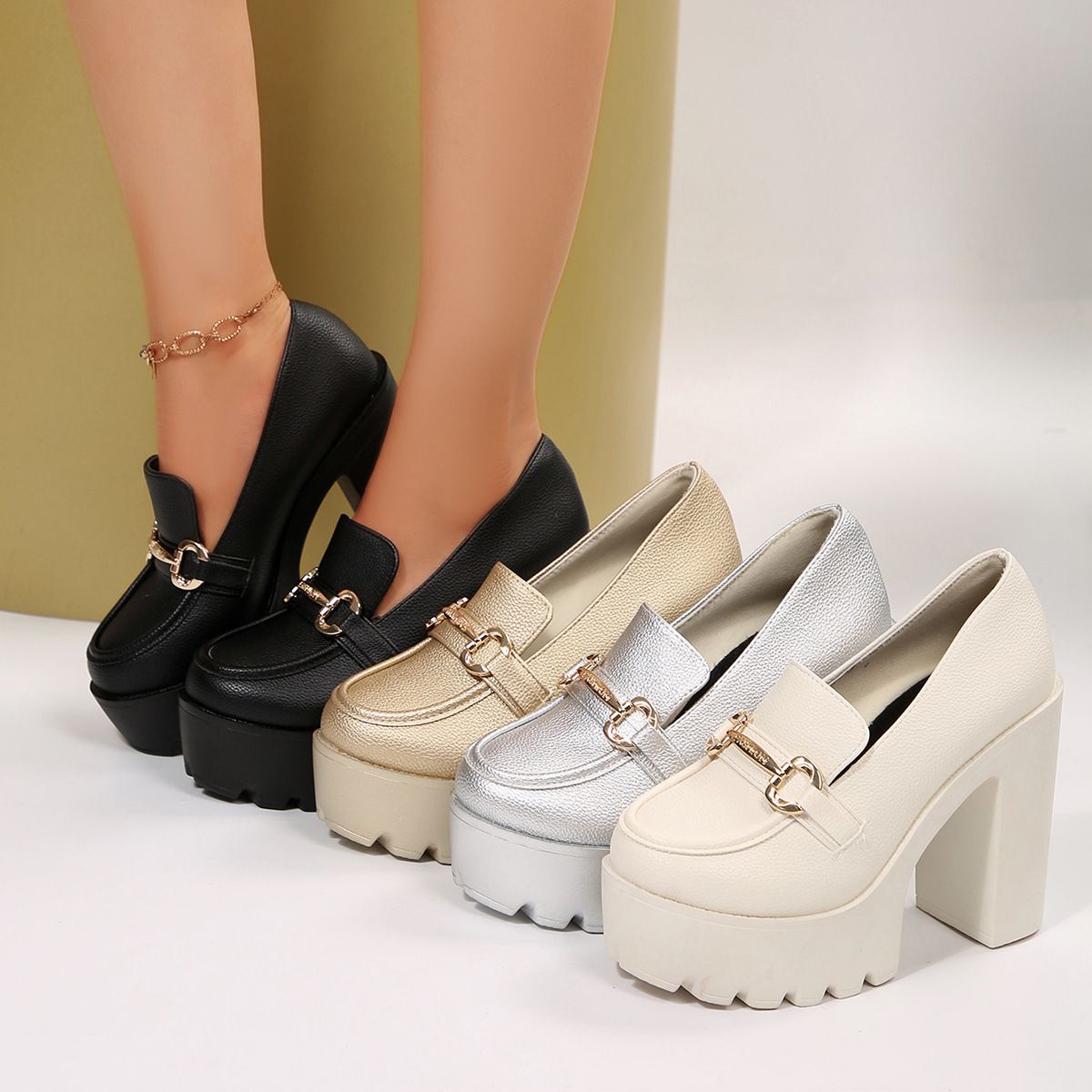 Spring/Summer 2025 leather shoes, comfortable women's shoes, spring/autumn waterproof platform, new thick-heeled high heels, women's single shoes, large size, cross-border