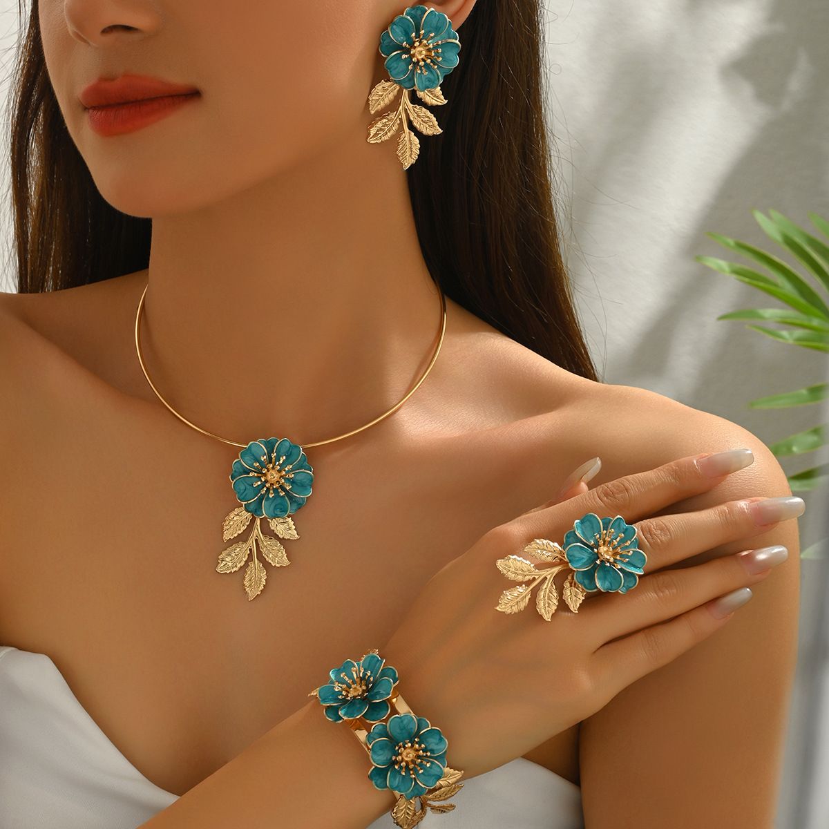 Boho Vintage Teal Enamel Floral 4 Pieces Jewelry Set Gold Plated Leaf Flower Choker Necklace Drop Earrings Open Cuff Bangle Matching Adjustable Ring Elegant Women Garden Wedding Party Stackable Full Matching Fashion Ornament Gift
