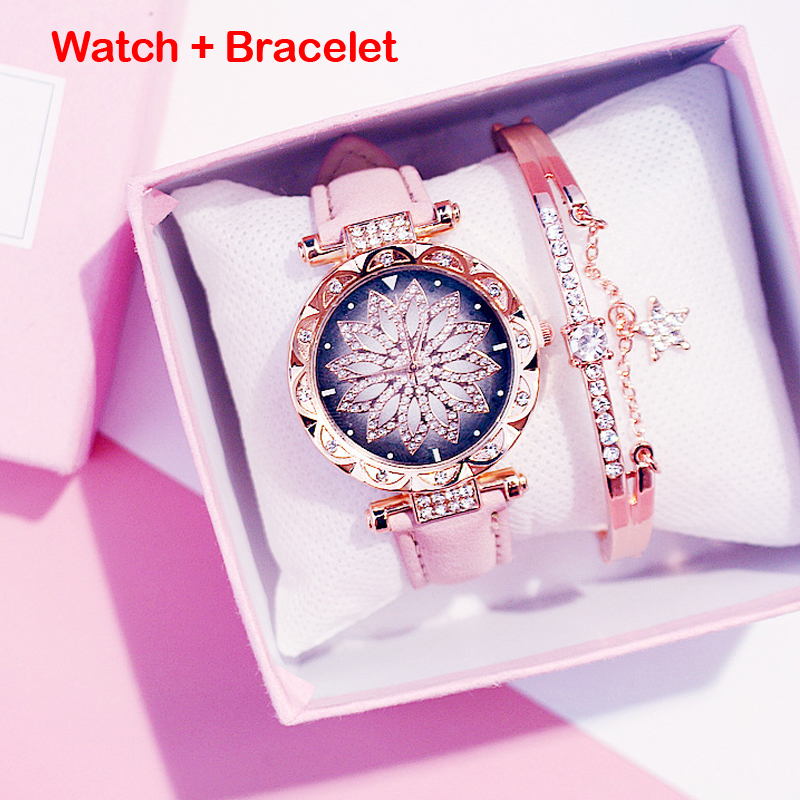 Luxury Women Watches Bracelet set Starry Sky Ladies Bracelet Watch Casual Leather Quartz watch Wristwatch Clock