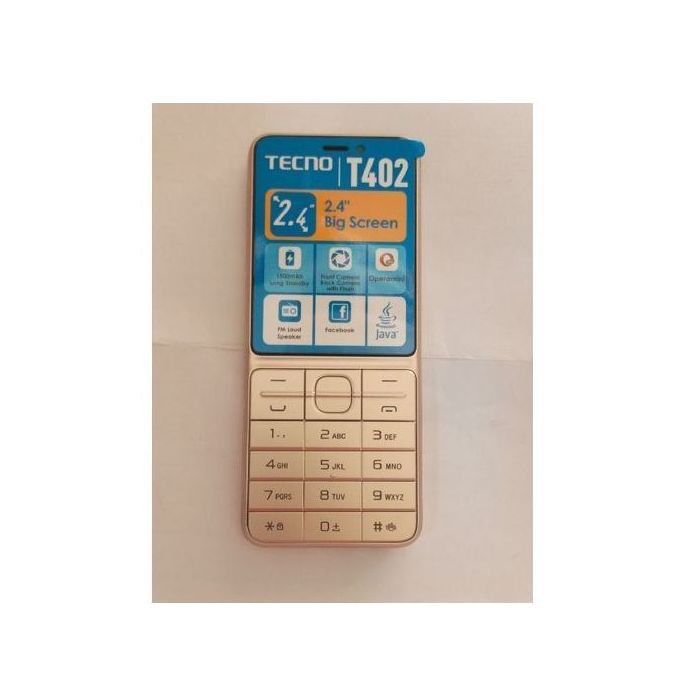 Tecno T402 - Triple Sim – 4MB ROM – 4MB RAM Feature Phone   Display: 2.4 QVGA Camera: 0.08MP Back with flash+ 0.08MP Front Camera Memory:8MB ROM+8MB RAM Expandable Micro SD up to 64GB Battery Capacity:1500mAh- FM Radio