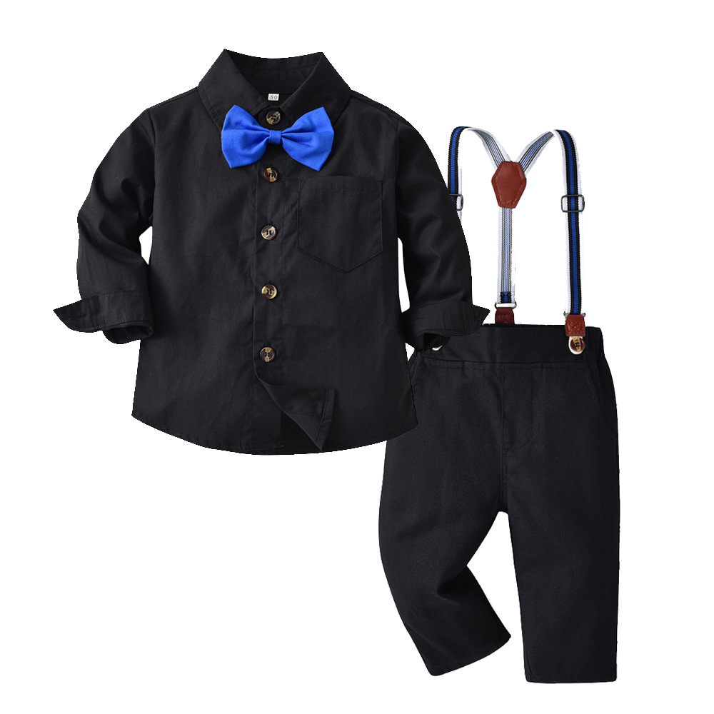 Boys long-sleeved solid color shirt bib two-piece suit