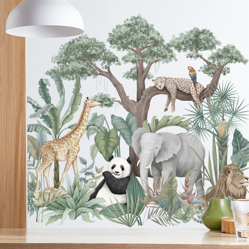 Tropical Green Plant Jungle Animal Wall Stickers, Removable Large Tree Vinyl Wallpaper Decal