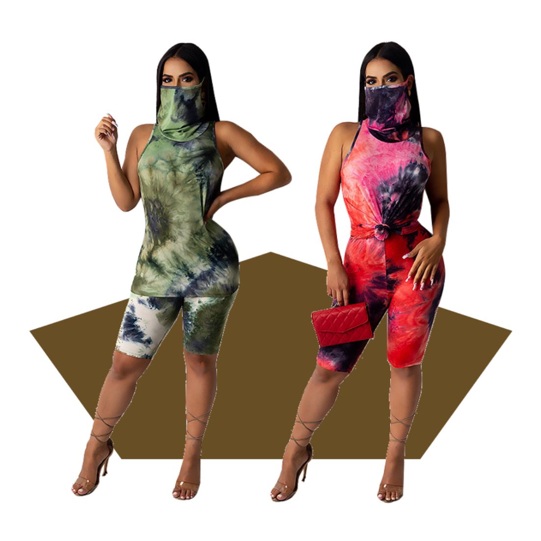 SALE DISCOUNT CLEARANCE Tie-dyed sports and leisure suit with mask two-piece office church leisure shopping seaside walking sport exercises party dinner lady ladies woman women 2-piece top shirt jacket blouse trousers set suit