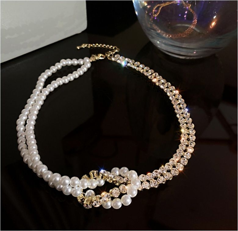 Necklace female jewelry Diamond inlay Pearl splicing short neckchain Personalized necklace CRRSHOP women fashion trend necklaces birthday gift present