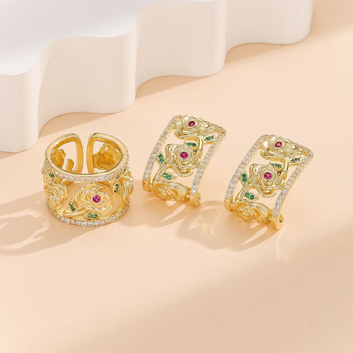 Vintage Hollow Rose Flower Jewelry Set Gold Silver Plated Open Adjustable Ring & Hoop Earrings Combo Multicolor Inlaid Zircon Floral Wreath Design Elegant Women Temperament Luxury Ornament Retro Ethnic Style Daily Wedding Banquet Accessory Hypoallergenic Fashion Gift Jewelry for Female Dating Party Wear
