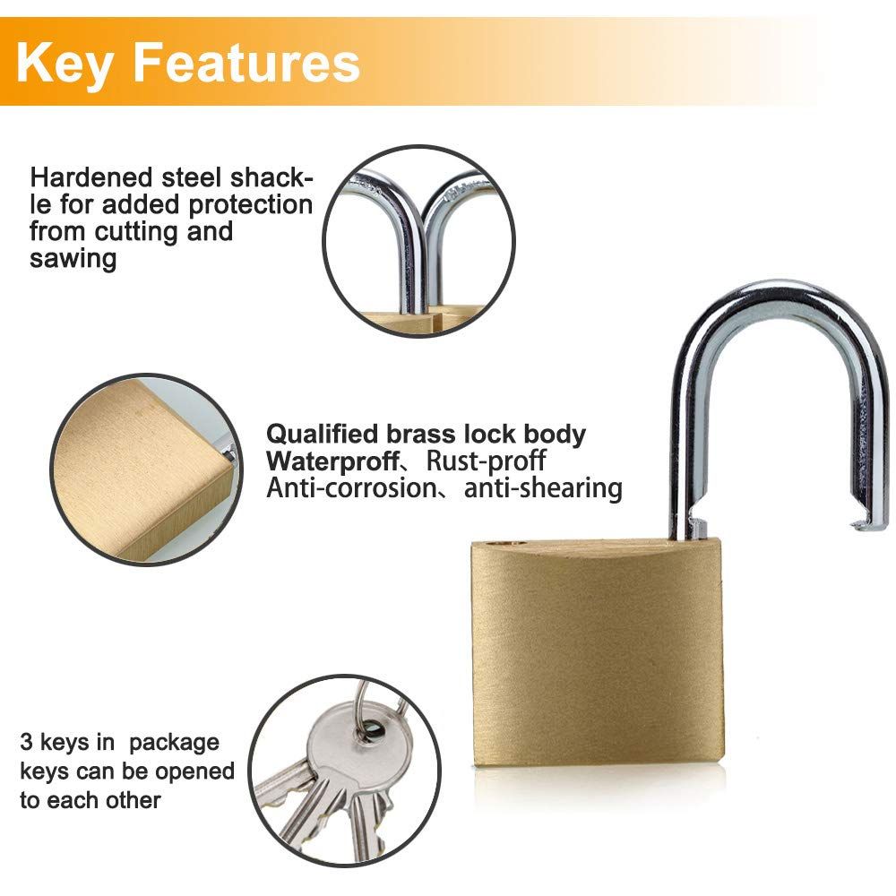Solid Brass Padlock with Key Wide Lock Body, Small Keyed Padlock for Sheds, Storage Unit School Gym Locker, Fence, Toolbox, Hasp Storage
