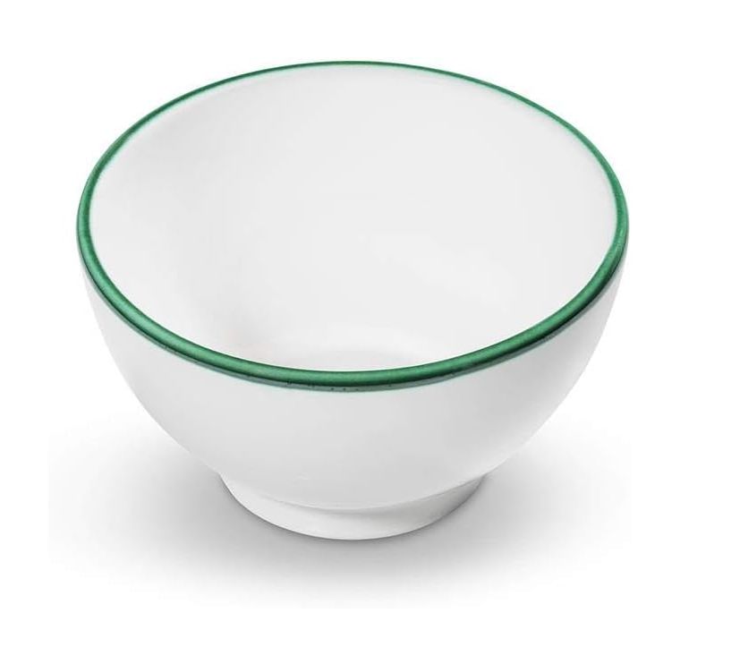 Retro Glossy Porcelain Ceramic White Round Enamel Bowl With Green Rim - Microwave And Dishwasher Safe - TC-133 / TC-067 / TC-138