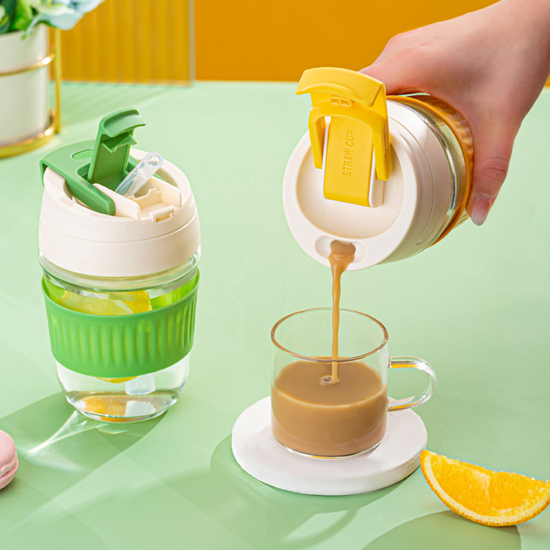 j77354 glass coffee mug with straw portable glass coffee cup with silicone sleeve
