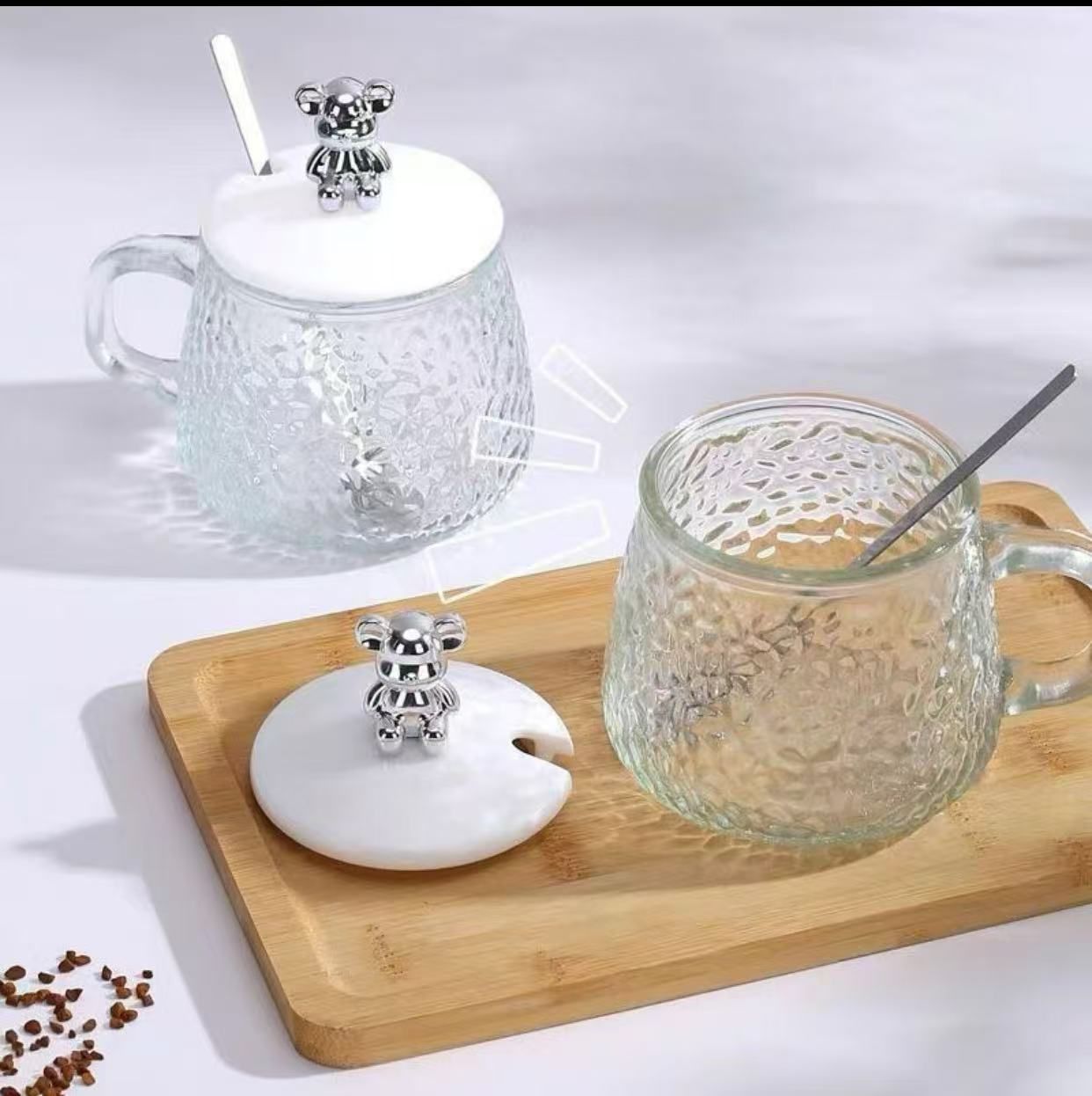 "Hammer Texture Meets Cute Bear! Glass Water Cup with Spoon, Start Your Delicate Drinking Time"

