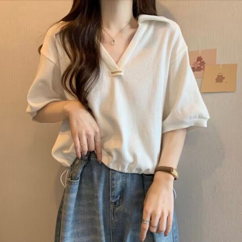 RXD-961 Standing neck polo shirt summer slimming new high elastic thread fabric white short-sleeved T-shirt women