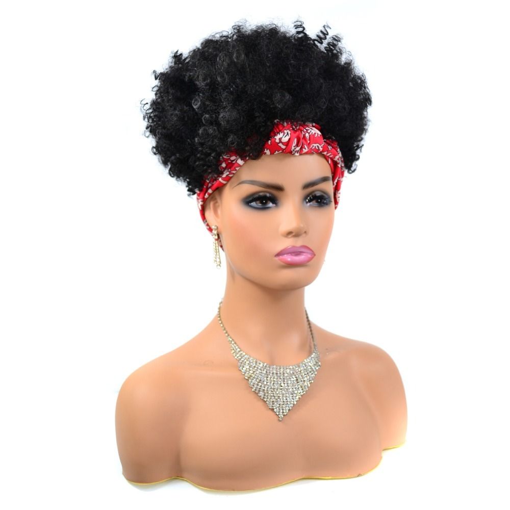 TopKiss Black Curly Wig with Headscarf, High Temperature Fiber Headband Hairnet Wig for Women Local