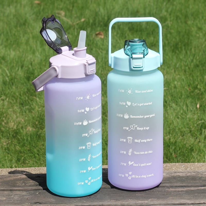 2 PCS 64oz/2L Motivational Sports Water Bottles with Times to Drink, Daily Measured Tracking Time Marks Water Cup Removable Strainer Leakproof BPA Free