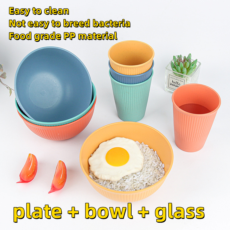 Plastic tableware plate bowl glass 3-pieces set CRRshop free shipping hot sale wheat straw tableware, household cup, rice bowl, plate, three-piece set total 12 pieces can be put into microwave oven for heating