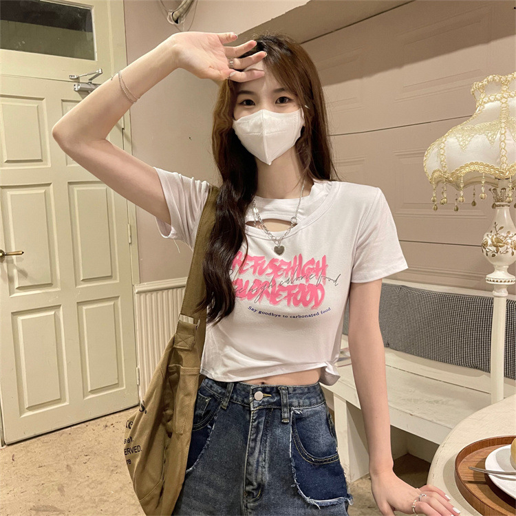 WYP-6791 Women's Fashion Loose Cutout Design Sense Printed Slim Slim Cropped T-shirt