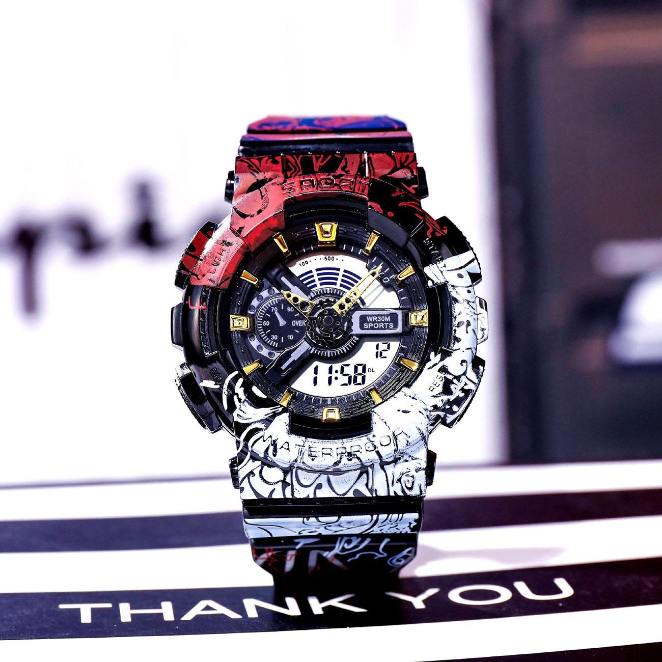One piece graffiti design fashion digital watch Luminous waterproof multifunctional sports watch Youth gift watch